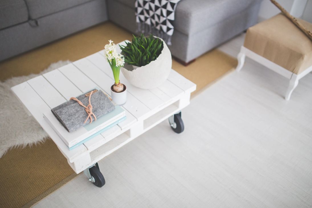 Coffee table with books and plants in a living room